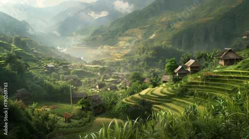 Hmong village nestled amidst lush mountain landscapes with traditional stilt houses and terraced fields.