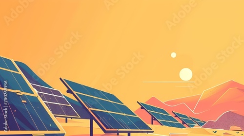 AI generated illustration of solar panels in a vast desert landscape with mountains