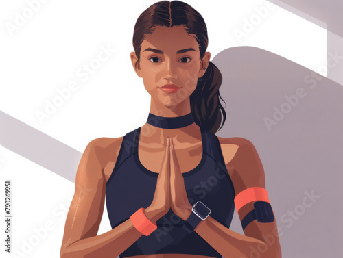 Illustration of a focused young woman with hands in a prayer position meditating.