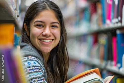 A smiling teenage girl selecting books in a library exudes warmth and eagerness to learn photo