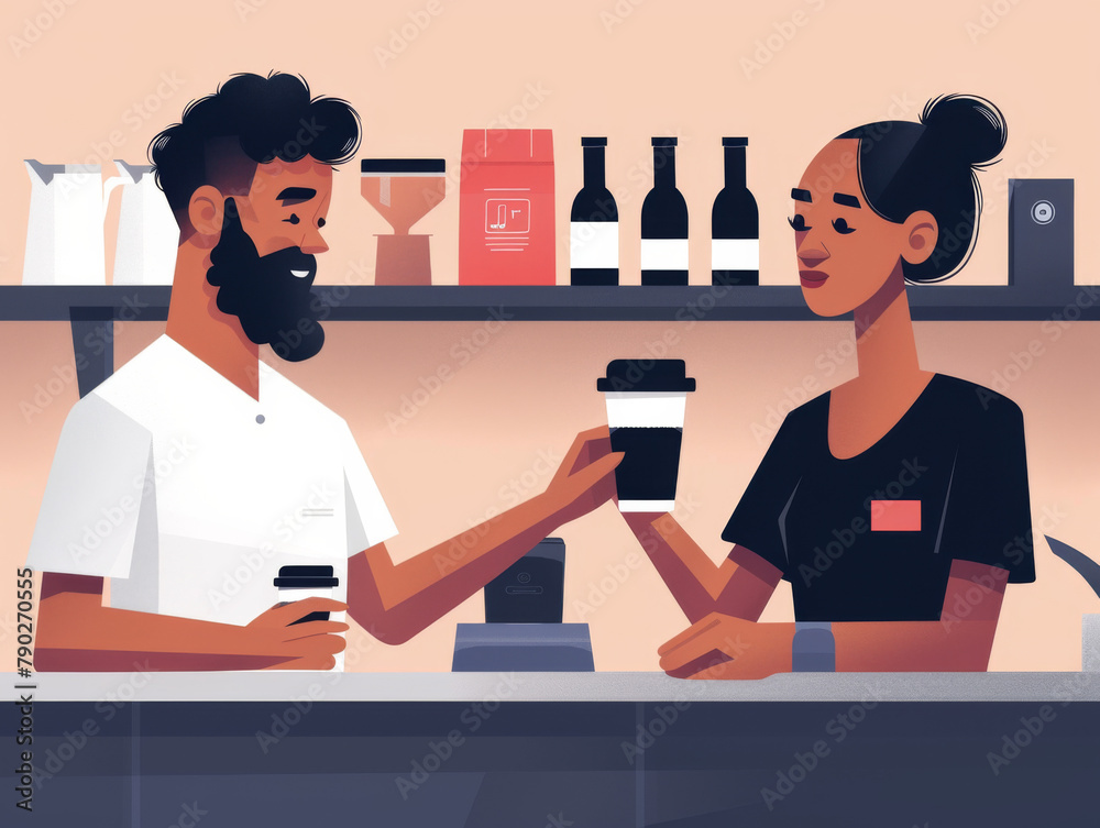 Illustration of a coffee shop owner handing a sealed coffee cup to a customer across the counter. Illustration of a coffee shop owner handing a sealed coffee cup to a customer across the counter.