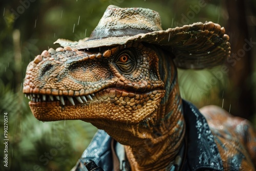 A dinosaur in an adventurer's hat braves a downpour, it's textured skin glistening under the rainfall's effect photo