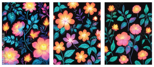 Set of Seamless Patterns with neon glow. Eternal Garden. Collection of Beautiful and Modern Seamless Vector Backgrounds of Plants and Flowers.