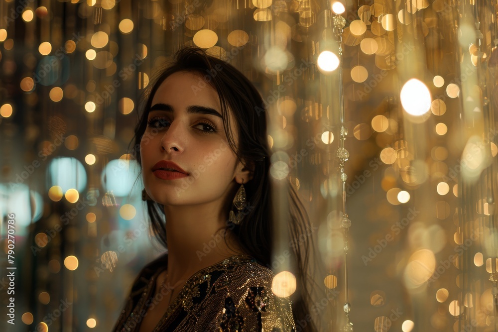 A young woman with distinct makeup looks serene against a bokeh light backdrop A young woman with distinct makeup looks serene against a bokeh light backdrop