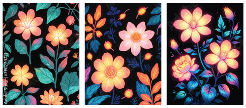 Set of Seamless Patterns with neon glow. Eternal Garden. Collection of Beautiful and Modern Seamless Vector Backgrounds of Plants and Flowers.