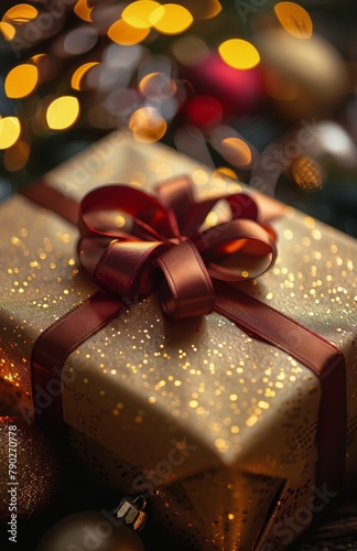 Gift Wrapped in Gold Paper With Red Bow
