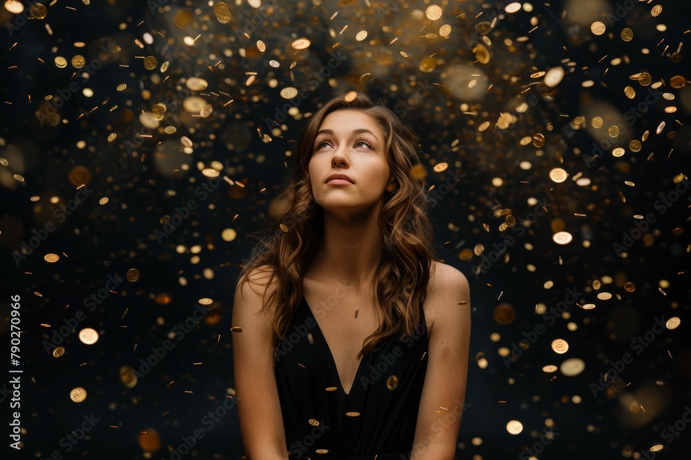 An evocative image of a woman looking skyward as golden confetti falls around her, casting a dreamlike atmosphere An evocative image of a woman looking skyward as golden confetti falls around her, casting a dreamlike atmosphere