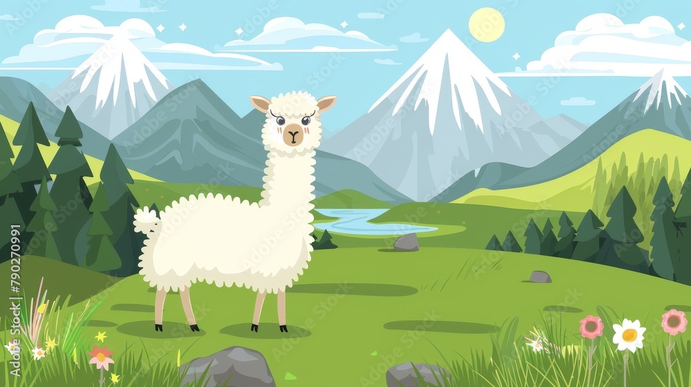 Fototapeta premium A modern landing page with a cartoon illustration of cute alpacas in green meadows. A template for a website with a highland landscape with a cute guanaco.