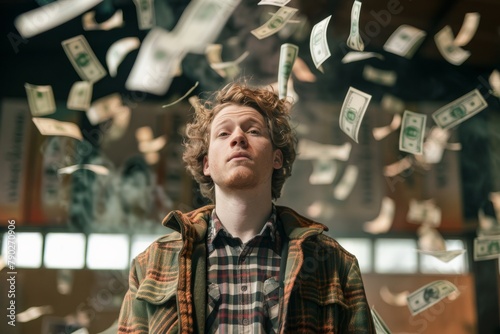 A man exhales smoke while looking aloof, surrounded by falling dollar bills in a carefree or rebellious atmosphere