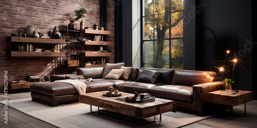 Industrial-style living room with leather sofa and bookshelf against wall