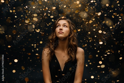 An evocative image of a woman looking skyward as golden confetti falls around her, casting a dreamlike atmosphere © ChaoticMind