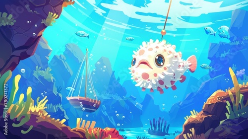 Fisherman club sport competition, activity or hobby cartoon illustration showing cute puffer fish on fishing hook under blue ocean water surface. Marine game scene, competition or activity for