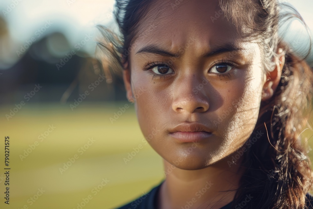 A close-up shot of a young female athlete with a determined expression in natural lighting A close-up shot of a young female athlete with a determined expression in natural lighting