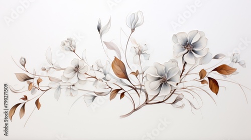 A branch of white and cream colored flowers with brown leaves on a white background. photo