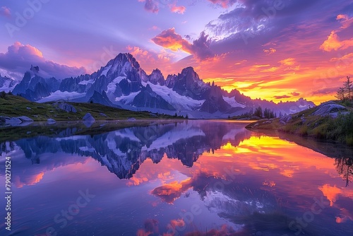 an image of the sun setting over mountains and water with reflections in it