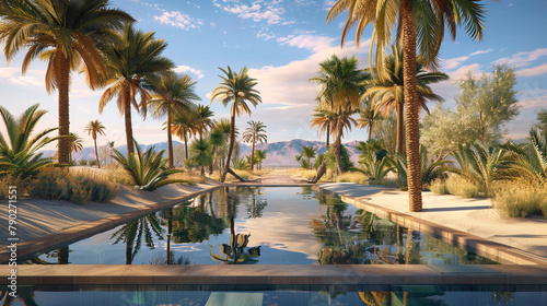 A tranquil desert oasis with palm trees swaying in the breeze, a shimmering pool reflecting the azure sky above, providing a welcome respite from the harsh desert landscape