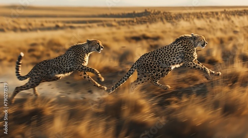 A pair of sleek cheetahs sprinting across the African savanna in pursuit of elusive prey, their lithe bodies moving with effortless speed photo