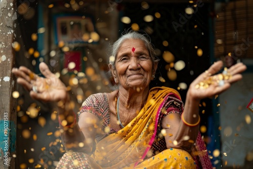 An exuberant senior lady in colorful traditional clothing tosses floral petals joyfully in the air photo