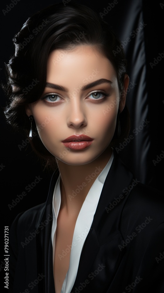 A beautiful young woman with dark hair and light eyes is wearing a black suit jacket. She is looking at the camera with a serious expression. A beautiful young woman with dark hair and light eyes is wearing a black suit jacket. She is looking at the camera with a serious expression.