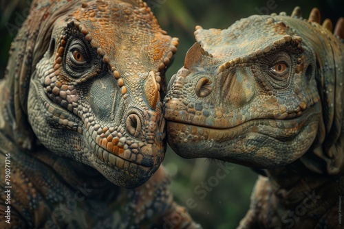 Stunning portrayal of an intimate moment between two dinosaurs  their faces full of character and finely rendered textures