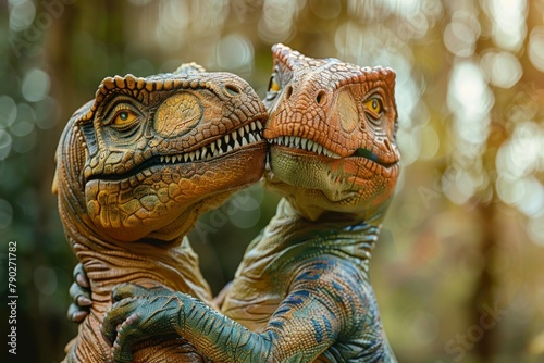 Two vibrant dinosaur models exhibit a close hug, evoking sentiments of companionship and comfort in a serene environment