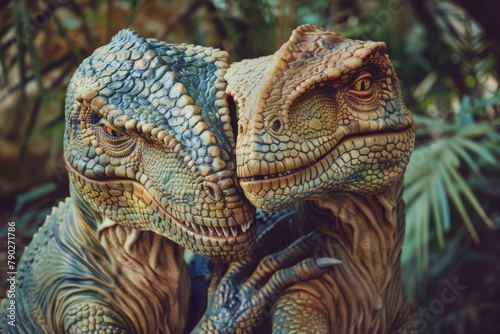 A close up of two dinosaur figures locked in a warm hug suggests themes of love and kinship against a soft-focus background