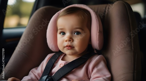 Happy baby girl in a car seat.generative.ai
