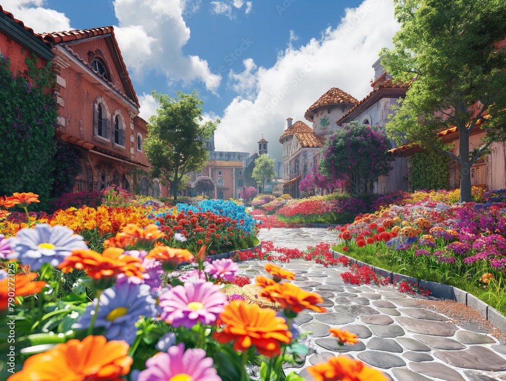 A colorful street with a brick walkway and houses. The street is lined with flowers and trees, creating a peaceful and inviting atmosphere