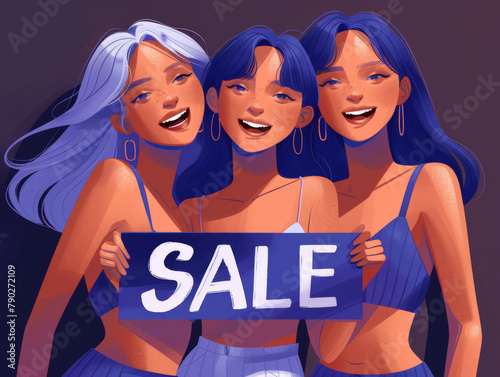 Three smiling women holding a 'SALE' sign, illustrated in vibrant colors with a joyful mood.