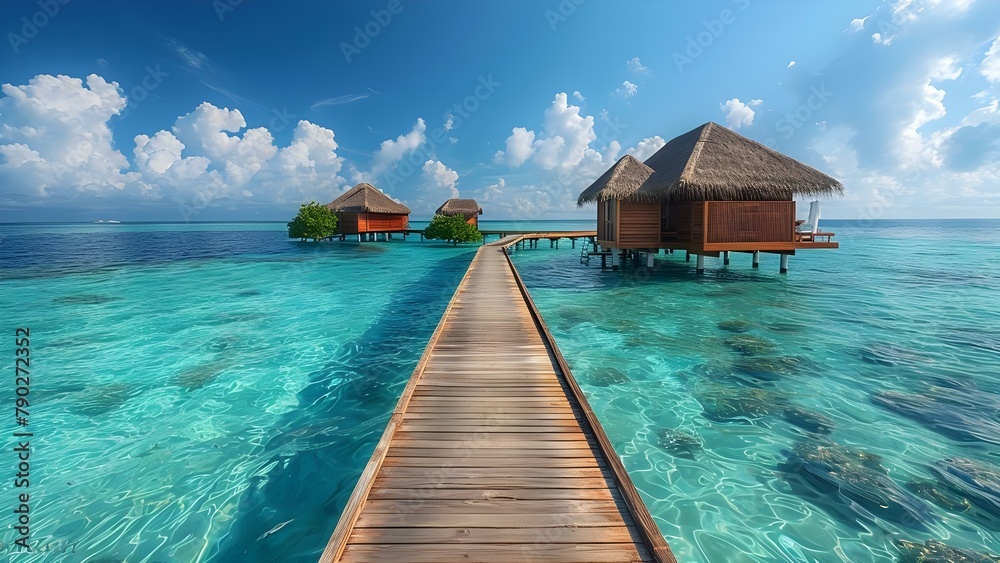 Maldives Serenity: A Minimalist Escape Amidst Nature. Concept Beachfront Relaxation, Secluded Island Getaway, Tropical Paradise Retreat, Luxury Overwater Bungalows, Crystal Clear Waters