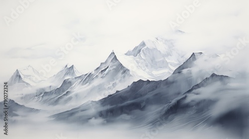 A beautiful watercolor painting of snow capped mountains with clouds rolling in.