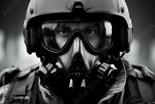 Modern fighter pilot sitting in cockpit with a side view, against the blue sky on a clear day photo