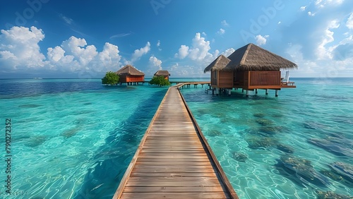 Maldives Serenity: A Minimalist Escape Amidst Nature. Concept Beachfront Relaxation, Secluded Island Getaway, Tropical Paradise Retreat, Luxury Overwater Bungalows, Crystal Clear Waters photo