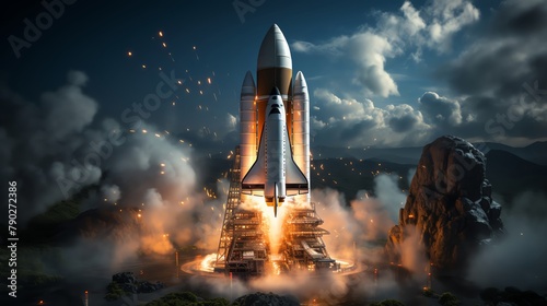 Dynamic image of a rocket launch pad with a startup logo on the rocket, symbolizing rapid growth and ambitious beginnings, perfect for a corporate launch event photo