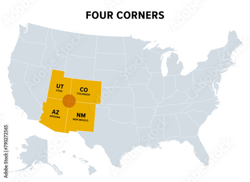 Four Corners, a region of the Southwestern United States, political map. Only region in the United states where four states share a boundary point, which are Arizona, Colorado, New Mexico and Utah.