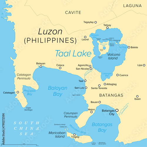 Taal Lake, on the island of Luzon in the Philippines, political map. Freshwater caldera lake in Batangas province, which fills Taal Volcano, a large volcanic caldera formed by very large eruptions. photo