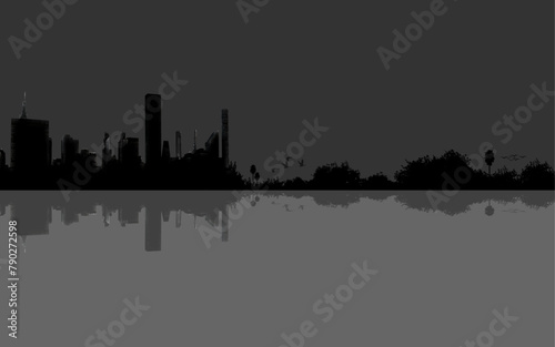 Cityscape countryside Silhouette rural and urban landscape background birds reflection water background flat illustration