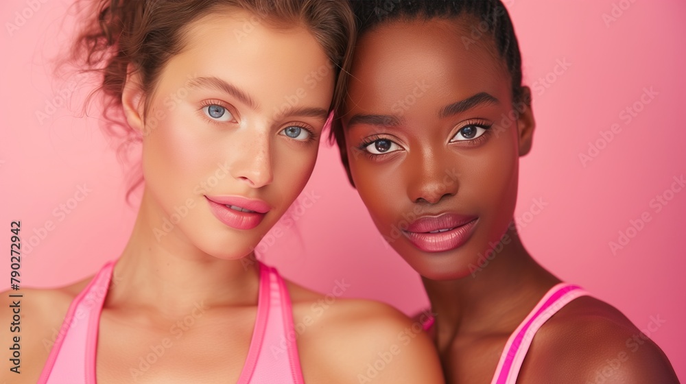 Minimalist Beauty Portrait with Two French Caucasian and Black Women Against Pink Background Minimalist Beauty Portrait with Two French Caucasian and Black Women Against Pink Background