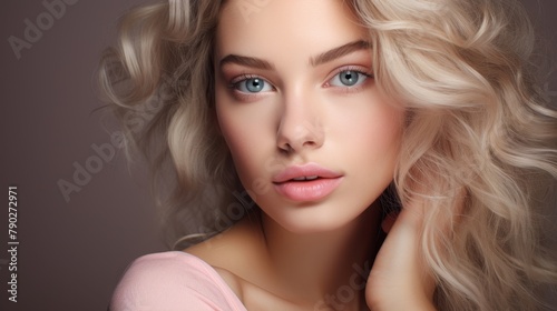 A beautiful blonde woman with blue eyes and curly hair