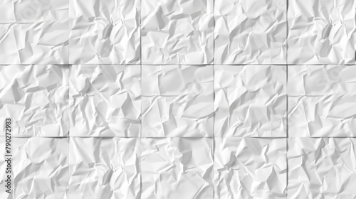 A white glued paper texture with a realistic effect of wet paper or crumpled fabric. Blank adhesive pages with wrinkled edges. Empty square stickers isolated on white.