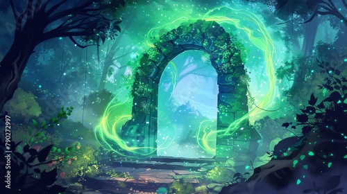 The forest on top of stone has a magical portal with a glowing entrance with green plasma and haze swirling around. Fantastical book or computer game scene.