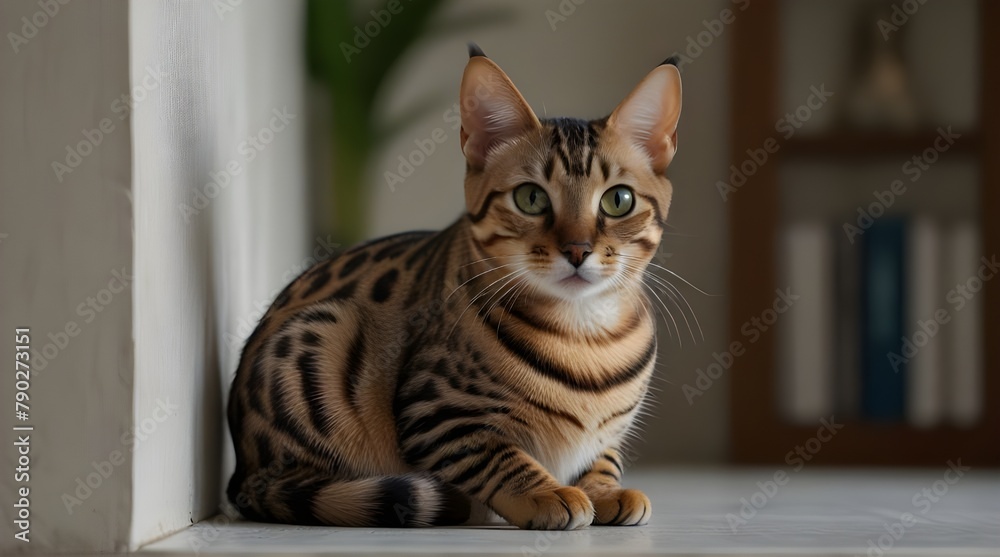 Cute Bengal cat lying on windowsill at home. Adorable pet.generative.ai Cute Bengal cat lying on windowsill at home. Adorable pet.generative.ai