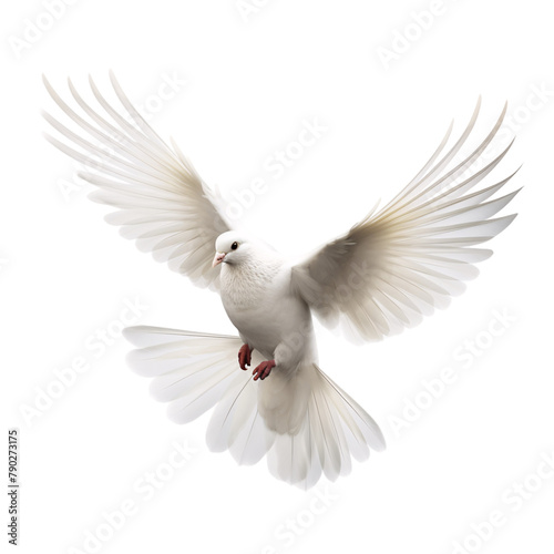 White dove flying in the air in freedom symbolizing peace on an isolated background © samitha