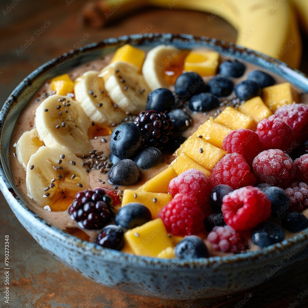 Bowl of Fruit With Bananas, Raspberries, and Blueberries