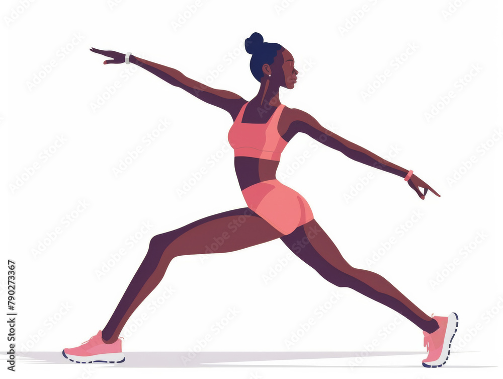 Fit African woman in athletic wear stretching her arms and legs, isolated on a white background.