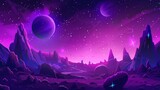 Cartoon banner with alien planet and futuristic landscape, purple starry sky with glowing rocks and moons. Scientific discovery, fantasy computer game scene.