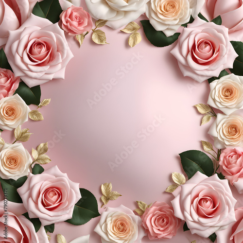 Creative layout made of white and pink roses and green leaves on pink background. Flat lay. Top view.