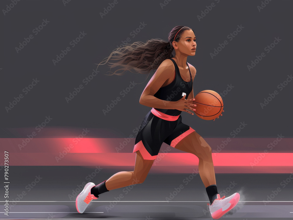 Naklejka premium Full-length portrait of a female basketball player in motion on the court, dribbling the ball.