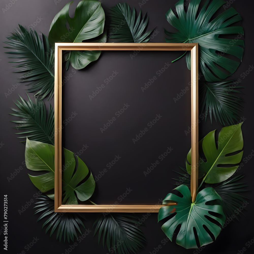Creative layout made of tropical leaves and golden frame on black background.