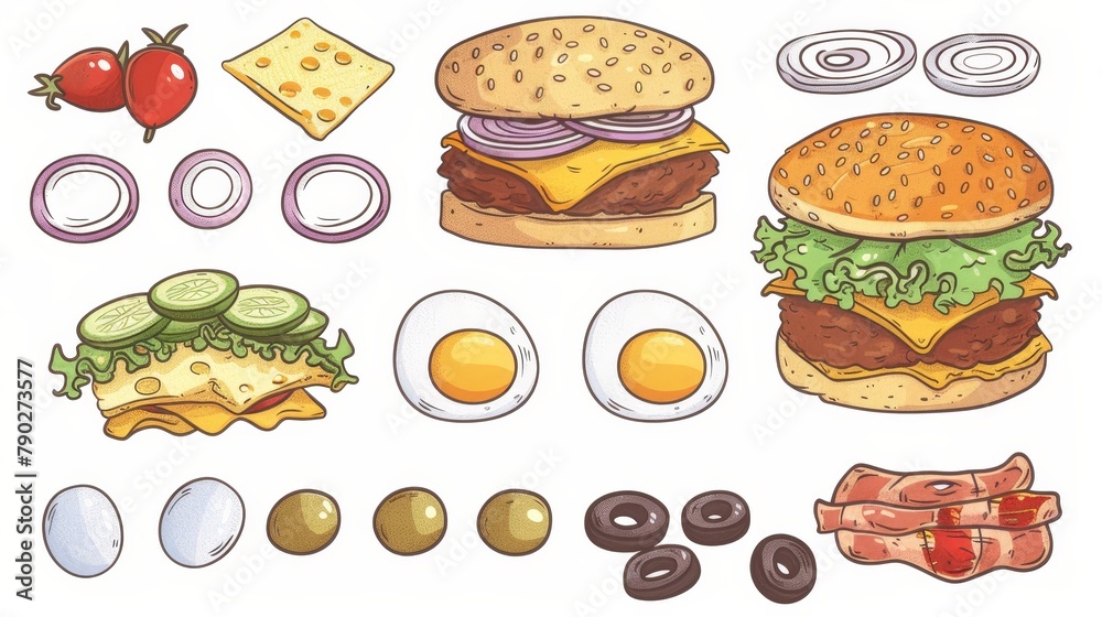 A hamburger and sandwich constructor with bun, olives, onions, eggs, cheese, tomato, mustard or ketchup, tomato, meat, cucumber, and fried potatoes. A hamburger and sandwich constructor with bun, olives, onions, eggs, cheese, tomato, mustard or ketchup, tomato, meat, cucumber, and fried potatoes.